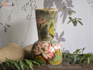 Lọ hoa dáng đầm men màu vẽ hoa Sen, cao 30cm