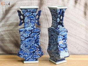 Lọ hoa dáng đàn men lam cổ vẽ Long ẩn nền băng, cao 33cm