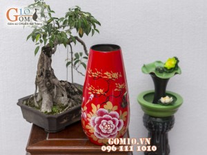Lọ hoa dáng đùi dế đỏ vẽ phù dung 36cm