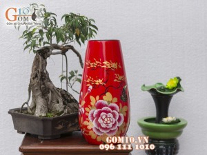 Lọ hoa dáng đùi dế đỏ vẽ phù dung 36cm
