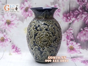 Lọ hoa dáng giỏ cua khắc nổi hoa phù dung xanh cao 28cm