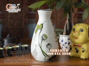 Lọ hoa dáng giọt nước họa tiết hoa sen, cao 28cm