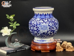 Lọ hoa dáng hút lộc men lam cổ vẽ hoa Phù Dung, cao 26cm