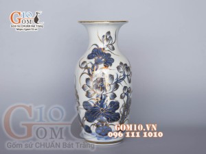 Lọ hoa dáng lộc bình men lam cổ vẽ vàng kim 24k cao cấp, cao 24cm