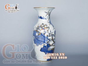 Lọ hoa dáng lộc bình men lam cổ vẽ vàng kim 24k cao cấp, cao 32cm