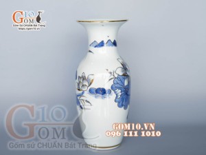 Lọ hoa dáng lộc bình men lam cổ vẽ vàng kim 24k cao cấp, cao 32cm