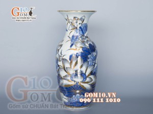 Lọ hoa dáng lộc bình men lam cổ vẽ vàng kim 24k cao cấp, cao 32cm