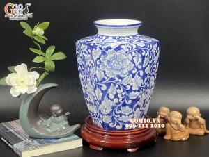 Lọ hoa dáng lục giác men lam cổ vẽ hoa Phù Dung, cao 27cm