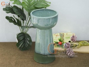 Lọ hoa dáng mặt hồ chân cao men hỏa biến bạch ngọc, cao 30cm