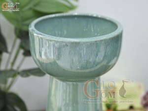 Lọ hoa dáng mặt hồ chân cao men hỏa biến bạch ngọc, cao 30cm