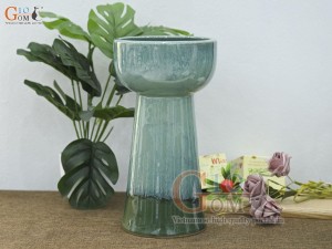 Lọ hoa dáng mặt hồ chân cao men hỏa biến bạch ngọc, cao 30cm