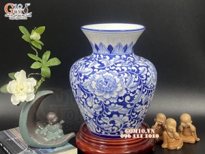 Lọ hoa dáng miệng loe men lam cổ vẽ hoa Phù Dung, cao 26cm