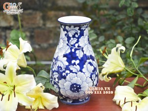 Lọ hoa dáng miệng loe men lam cổ vẽ hoa Phù Dung, cao 29cm