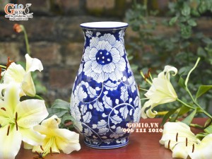 Lọ hoa dáng miệng loe men lam cổ vẽ hoa Phù Dung, cao 29cm