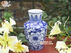 Lọ hoa dáng miệng vát men lam cổ vẽ hoa Phù Dung, cao 28cm