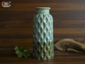 Lọ hoa dáng ống bình dâu men hoả biến xanh, cao 32cm