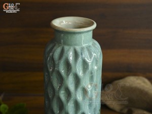 Lọ hoa dáng ống bình dâu men hoả biến xanh, cao 32cm
