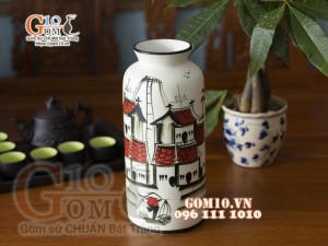 Lọ hoa dáng ống cổ bé họa tiết phố cổ, cao 29cm
