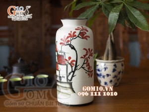 Lọ hoa dáng ống cổ bé họa tiết phố cổ, cao 29cm