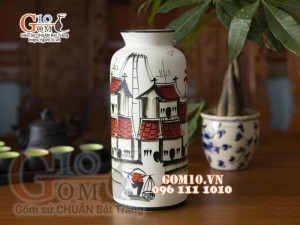 Lọ hoa dáng ống cổ bé họa tiết phố cổ, cao 29cm