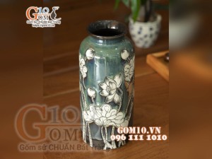 Lọ hoa dáng ống cổ nhỏ men hỏa biến ngọc bích khắc hoa sen ,cao 28cm