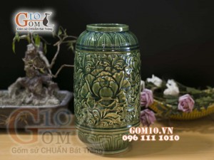 Lọ hoa dáng ống khắc hoa Mẫu Đơn, cao 29cm