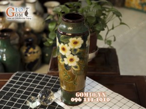 Lọ hoa dáng ống khắc hoa, viền nâu 44cm