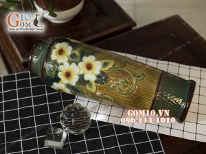 Lọ hoa dáng ống khắc hoa, viền nâu 44cm