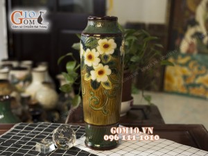 Lọ hoa dáng ống khắc hoa, viền nâu 44cm