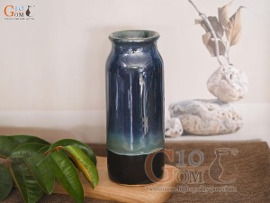 Lọ hoa dáng ống men hỏa biến xanh đậm, cao 20cm