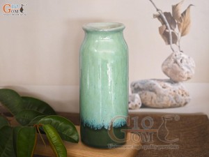Lọ hoa dáng ống men hỏa biến bạch ngọc, cao 20cm