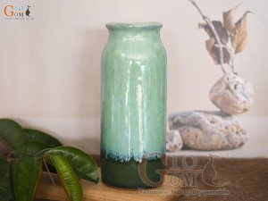 Lọ hoa dáng ống men hỏa biến bạch ngọc, cao 20cm