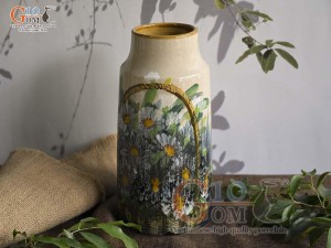 Lọ hoa dáng ống trụ men màu vẽ túi hoa, cao 29cm