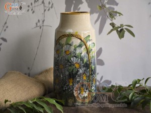 Lọ hoa dáng ống trụ men màu vẽ túi hoa, cao 29cm