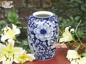 Lọ hoa dáng phích cổ dẹt men lam cổ vẽ hoa Phù Dung, cao 30cm