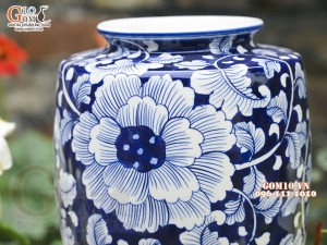 Lọ hoa dáng phích cổ dẹt men lam cổ vẽ hoa Phù Dung, cao 30cm