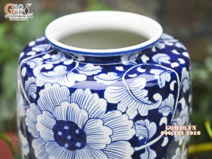 Lọ hoa dáng phích cổ dẹt men lam cổ vẽ hoa Phù Dung, cao 30cm