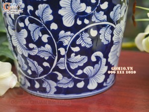 Lọ hoa dáng phích cổ dẹt men lam cổ vẽ hoa Phù Dung, cao 30cm