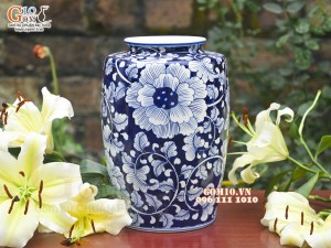 Lọ hoa dáng phích cổ dẹt men lam cổ vẽ hoa Phù Dung, cao 30cm