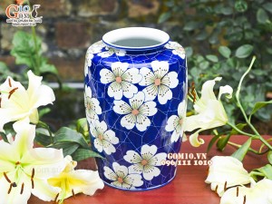 Lọ hoa dáng phích cổ dẹt men màu vẽ hoa, cao 30cm