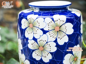 Lọ hoa dáng phích cổ dẹt men màu vẽ hoa, cao 30cm