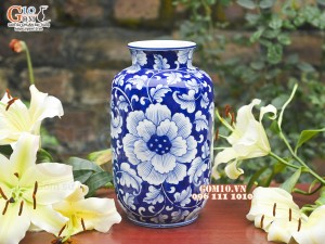 Lọ hoa dáng phích men lam cổ vẽ hoa Phù Dung, cao 29cm