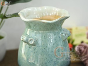 Lọ hoa dáng rỏ có quai men hỏa biến bạch ngọc, cao 19cm