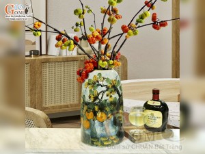 Lọ hoa dáng rỏ cua men màu vẽ trái Hồng mùa hạ, cao 32cm