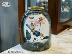 Lọ hoa dáng thấp men hỏa biến vẽ Chim hoa in logo VTV, cao 19cm