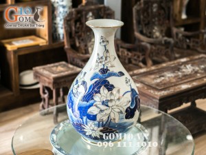 Lọ hoa dáng tì bà vẽ sen vàng kim 58cm