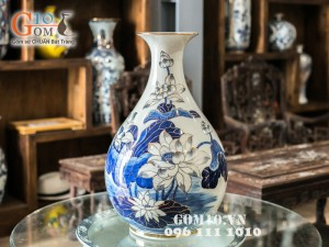 Lọ hoa dáng tì bà vẽ sen vàng kim 58cm