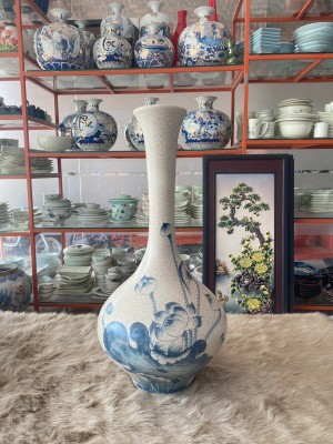 Lọ hoa dáng tỏi cổ nhỏ men rạn vẽ sen, cao 50cm