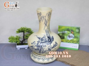 Lọ hoa dáng tỏi dẹt men cổ họa tiết Sen Hạc Phú Quý, cao 42cm (cả đế)