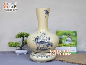 Lọ hoa dáng tỏi dẹt men cổ họa tiết Sen Hạc Phú Quý, cao 42cm (cả đế)